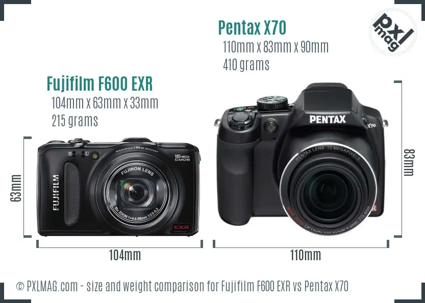 Fujifilm F600 EXR vs Pentax X70 size comparison