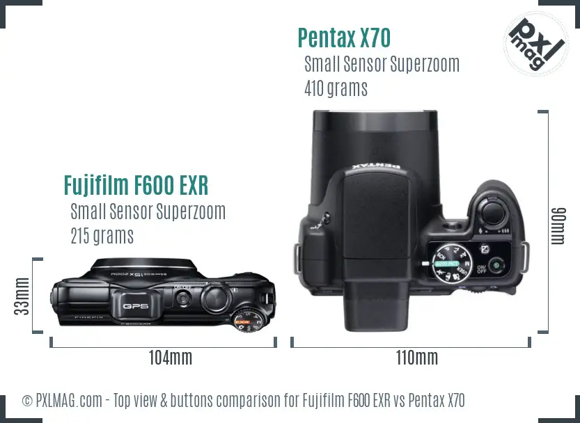 Fujifilm F600 EXR vs Pentax X70 top view buttons comparison