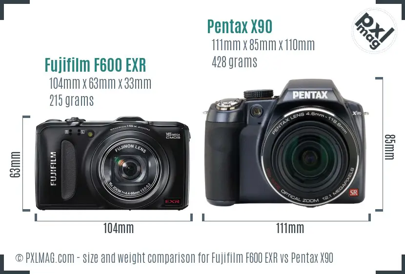 Fujifilm F600 EXR vs Pentax X90 size comparison