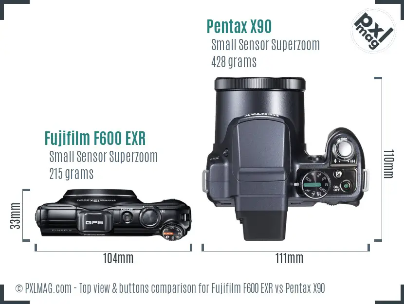 Fujifilm F600 EXR vs Pentax X90 top view buttons comparison