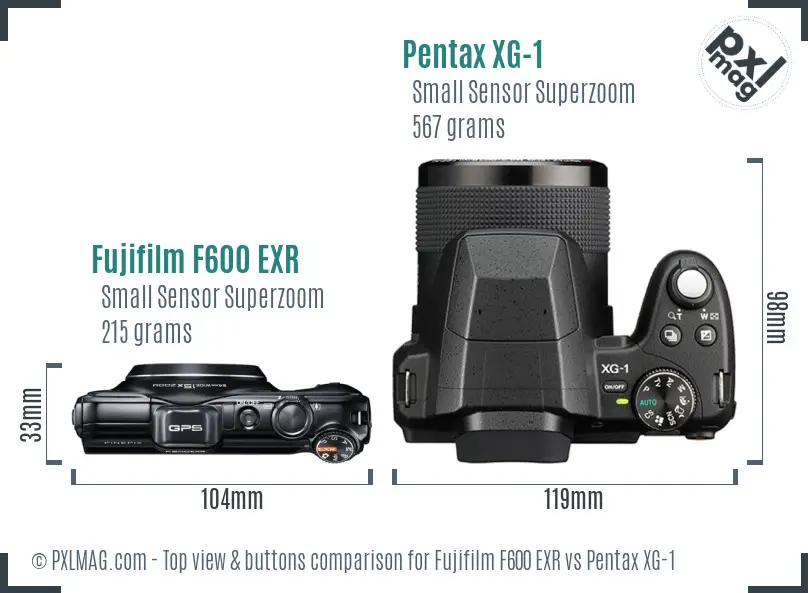 Fujifilm F600 EXR vs Pentax XG-1 top view buttons comparison
