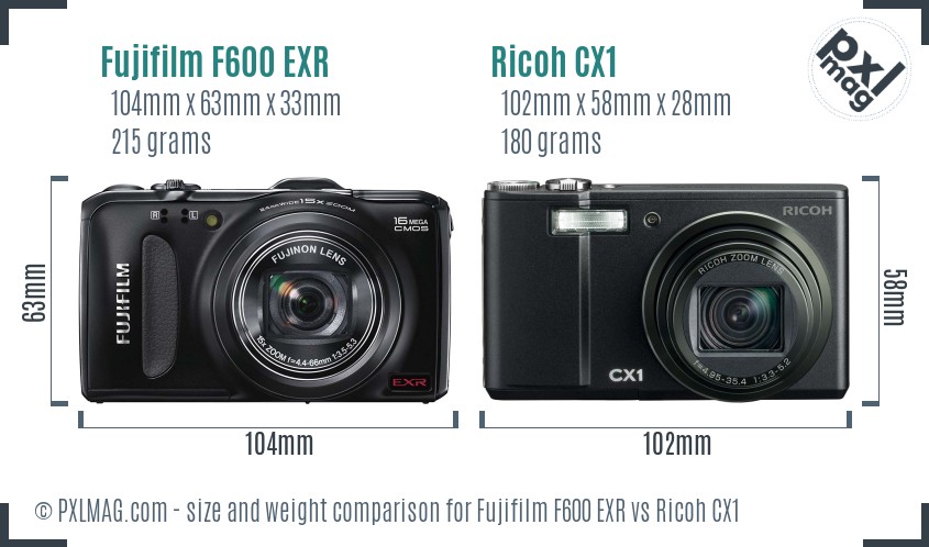Fujifilm F600 EXR vs Ricoh CX1 size comparison