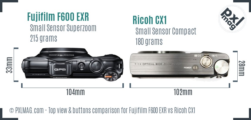 Fujifilm F600 EXR vs Ricoh CX1 top view buttons comparison