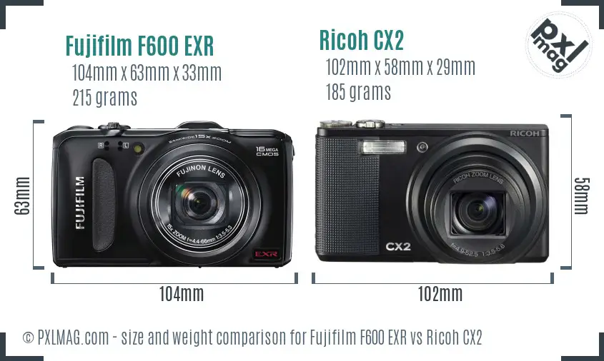 Fujifilm F600 EXR vs Ricoh CX2 size comparison