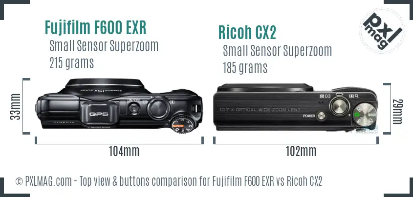 Fujifilm F600 EXR vs Ricoh CX2 top view buttons comparison