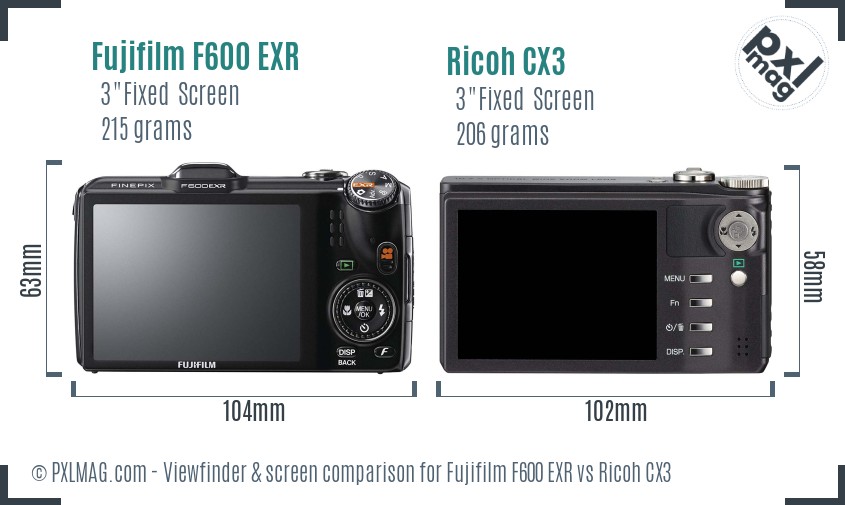 Fujifilm F600 EXR vs Ricoh CX3 Screen and Viewfinder comparison
