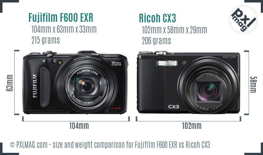 Fujifilm F600 EXR vs Ricoh CX3 size comparison
