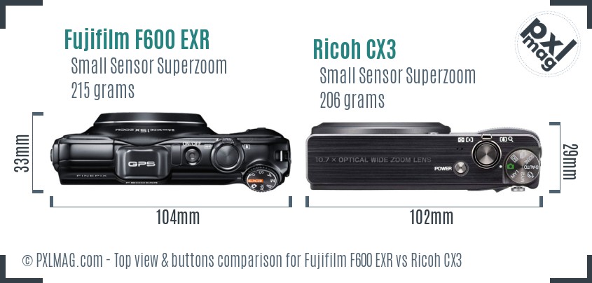 Fujifilm F600 EXR vs Ricoh CX3 top view buttons comparison