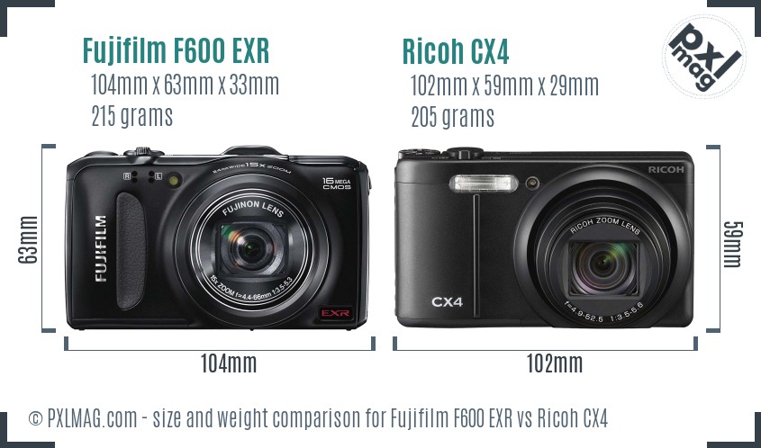 Fujifilm F600 EXR vs Ricoh CX4 size comparison