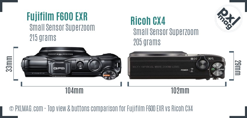 Fujifilm F600 EXR vs Ricoh CX4 top view buttons comparison