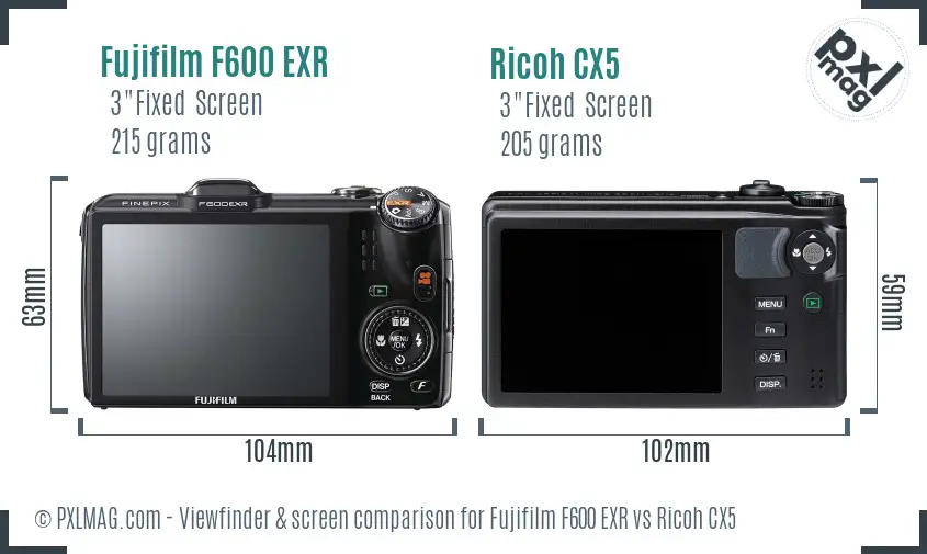 Fujifilm F600 EXR vs Ricoh CX5 Screen and Viewfinder comparison
