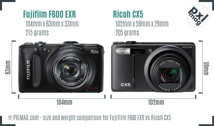 Fujifilm F600 EXR vs Ricoh CX5 size comparison