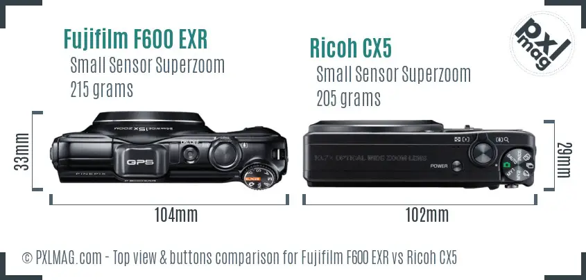 Fujifilm F600 EXR vs Ricoh CX5 top view buttons comparison