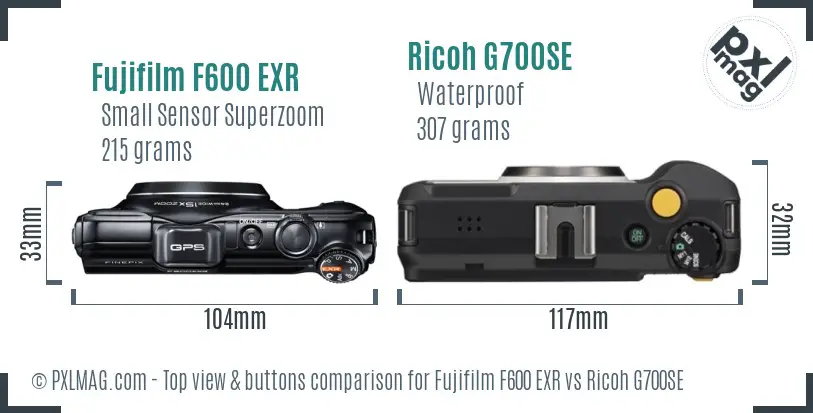 Fujifilm F600 EXR vs Ricoh G700SE top view buttons comparison