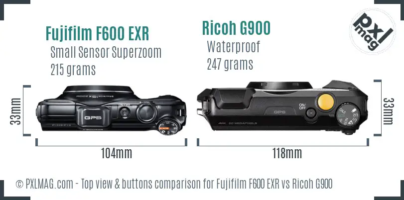Fujifilm F600 EXR vs Ricoh G900 top view buttons comparison Fujifilm F600 EXR vs Ricoh G900 top view buttons comparison