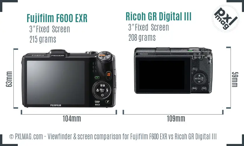 Fujifilm F600 EXR vs Ricoh GR Digital III Screen and Viewfinder comparison