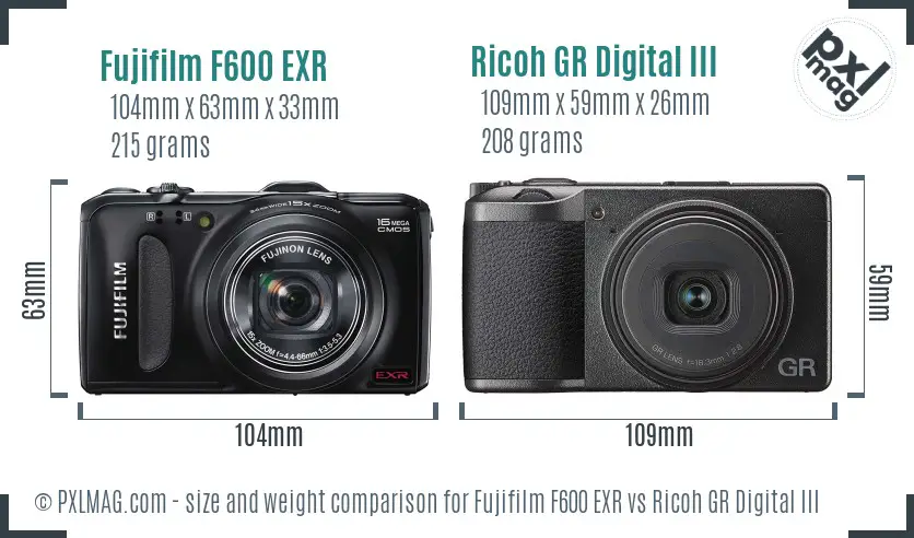 Fujifilm F600 EXR vs Ricoh GR Digital III size comparison