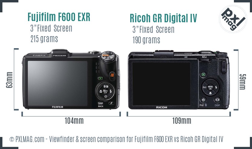 Fujifilm F600 EXR vs Ricoh GR Digital IV Screen and Viewfinder comparison