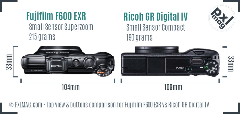 Fujifilm F600 EXR vs Ricoh GR Digital IV top view buttons comparison