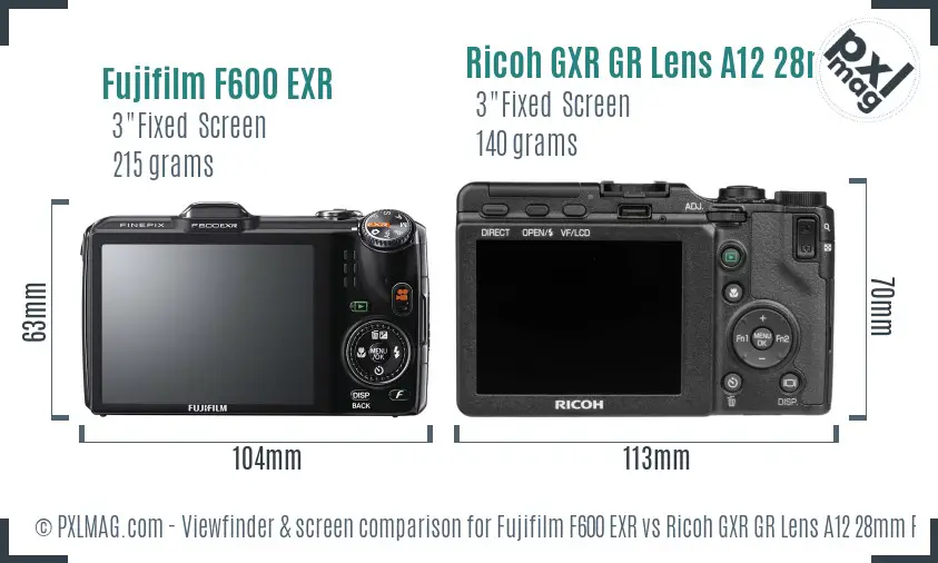 Fujifilm F600 EXR vs Ricoh GXR GR Lens A12 28mm F2.5 Screen and Viewfinder comparison