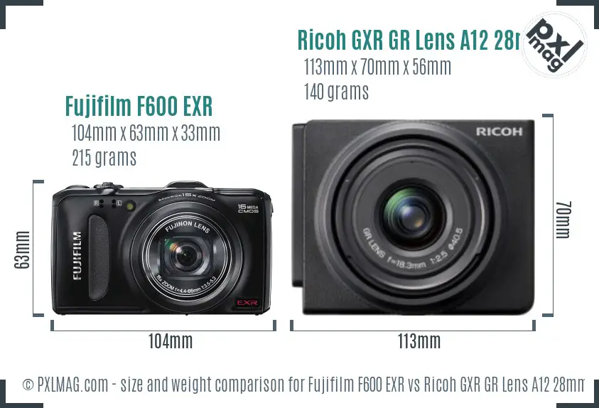 Fujifilm F600 EXR vs Ricoh GXR GR Lens A12 28mm F2.5 size comparison
