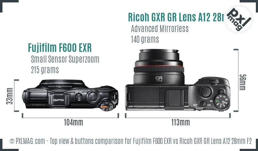Fujifilm F600 EXR vs Ricoh GXR GR Lens A12 28mm F2.5 top view buttons comparison