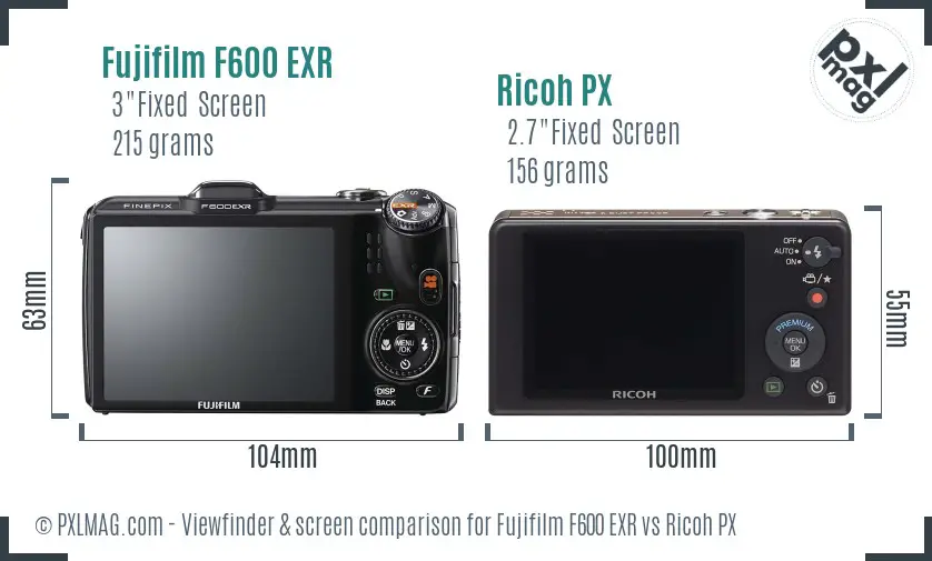 Fujifilm F600 EXR vs Ricoh PX Screen and Viewfinder comparison