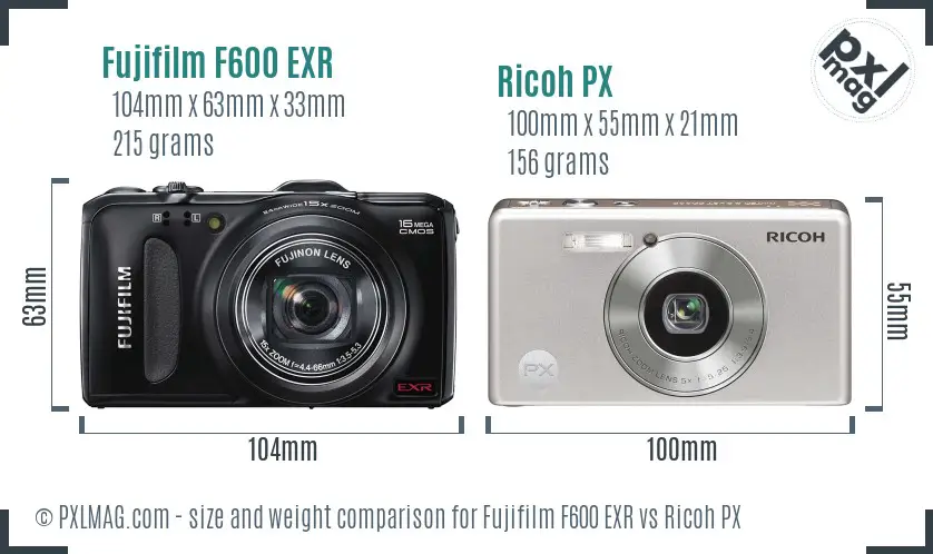 Fujifilm F600 EXR vs Ricoh PX size comparison