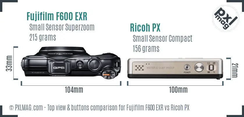 Fujifilm F600 EXR vs Ricoh PX top view buttons comparison