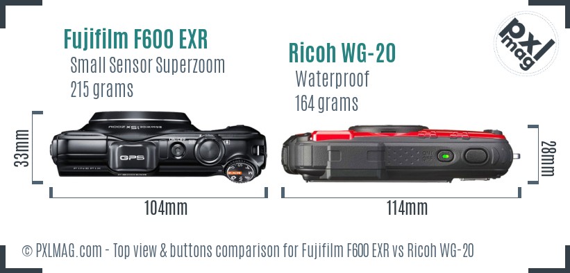 Fujifilm F600 EXR vs Ricoh WG-20 top view buttons comparison
