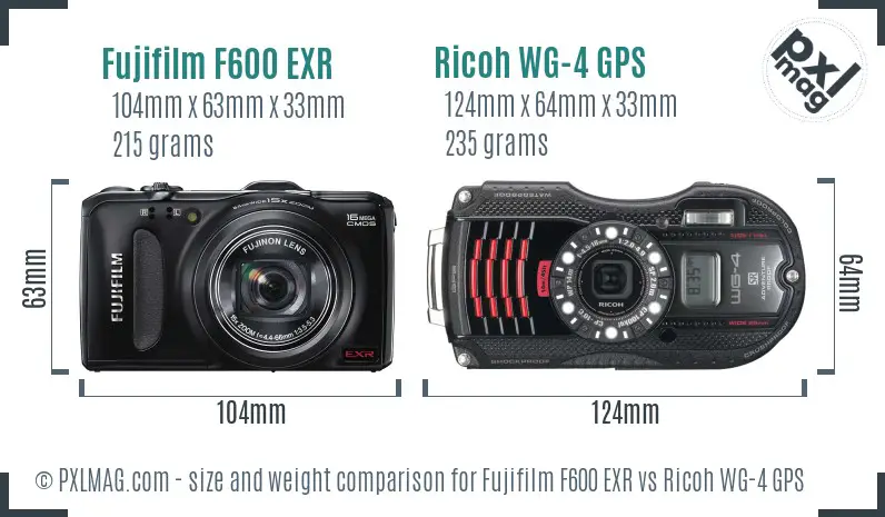Fujifilm F600 EXR vs Ricoh WG-4 GPS size comparison