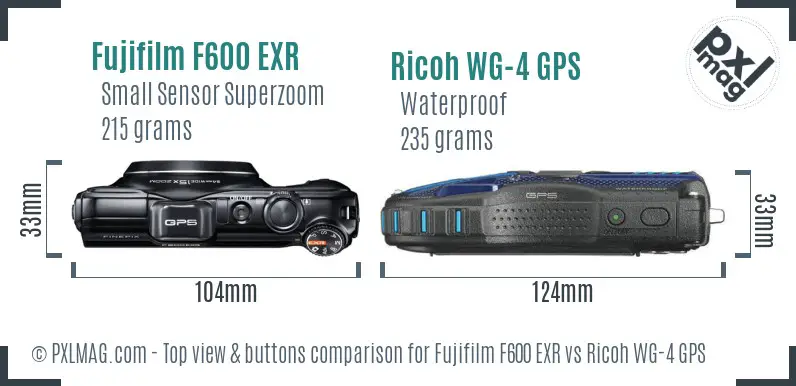 Fujifilm F600 EXR vs Ricoh WG-4 GPS top view buttons comparison