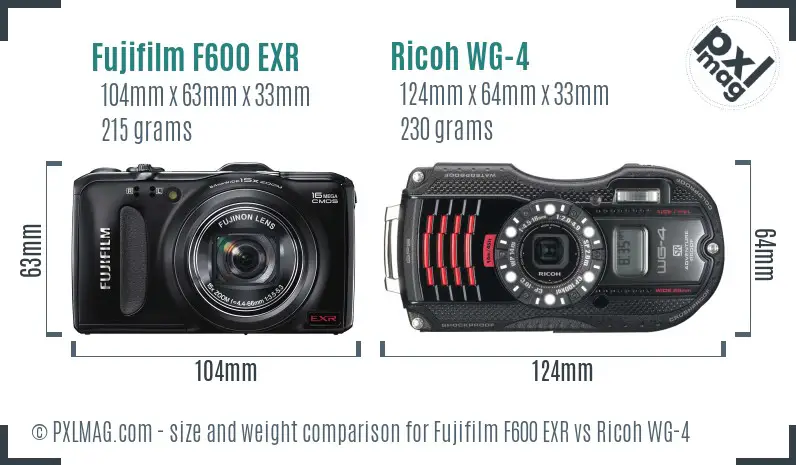 Fujifilm F600 EXR vs Ricoh WG-4 size comparison