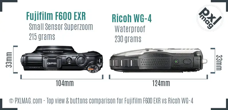 Fujifilm F600 EXR vs Ricoh WG-4 top view buttons comparison