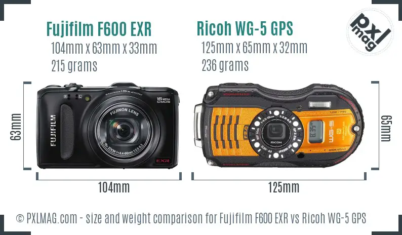 Fujifilm F600 EXR vs Ricoh WG-5 GPS size comparison