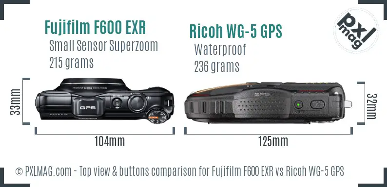 Fujifilm F600 EXR vs Ricoh WG-5 GPS top view buttons comparison