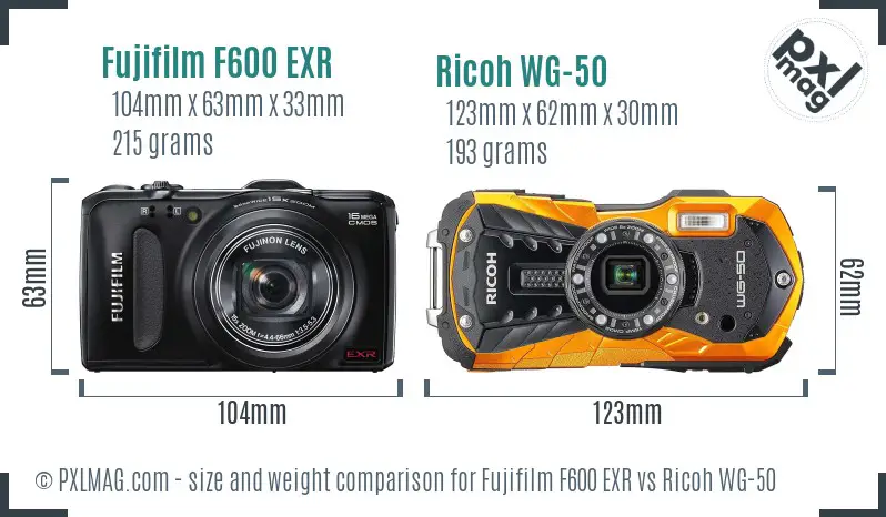 Fujifilm F600 EXR vs Ricoh WG-50 size comparison