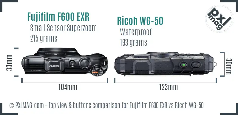 Fujifilm F600 EXR vs Ricoh WG-50 top view buttons comparison