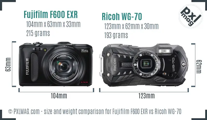 Fujifilm F600 EXR vs Ricoh WG-70 size comparison