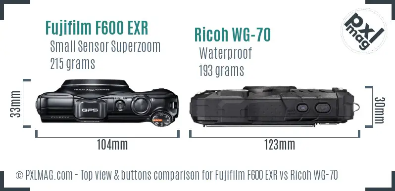 Fujifilm F600 EXR vs Ricoh WG-70 top view buttons comparison