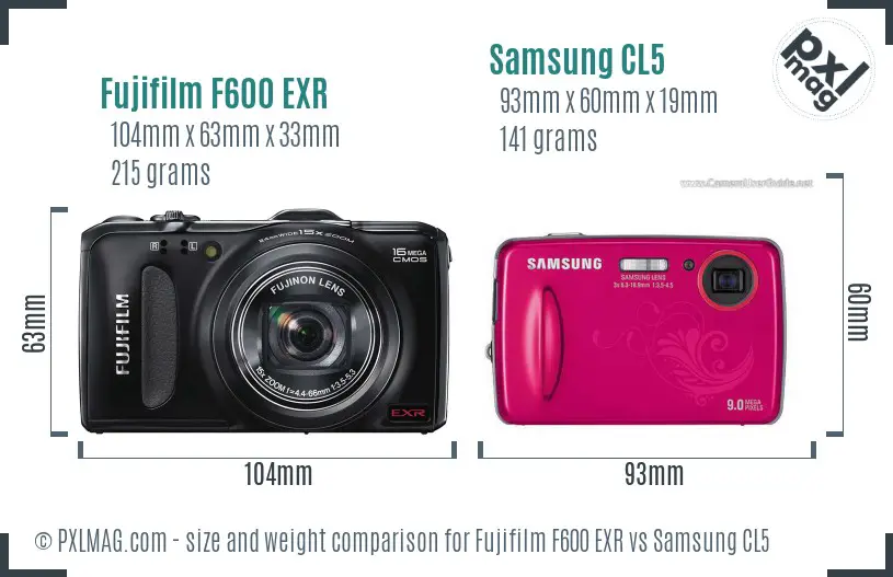 Fujifilm F600 EXR vs Samsung CL5 size comparison