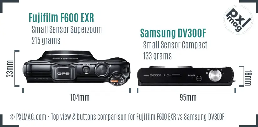 Fujifilm F600 EXR vs Samsung DV300F top view buttons comparison