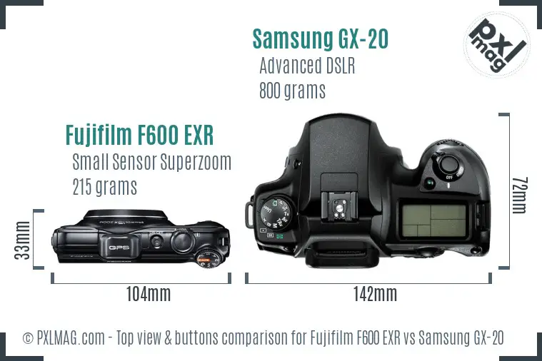 Fujifilm F600 EXR vs Samsung GX-20 top view buttons comparison
