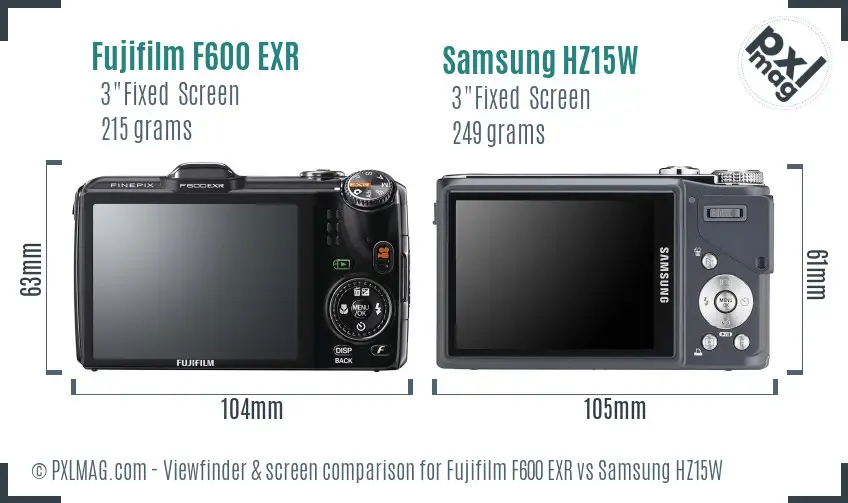 Fujifilm F600 EXR vs Samsung HZ15W Screen and Viewfinder comparison