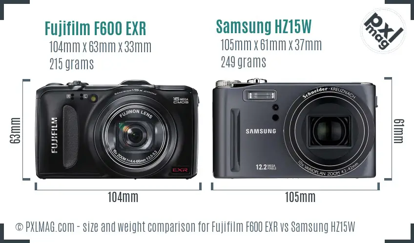 Fujifilm F600 EXR vs Samsung HZ15W size comparison