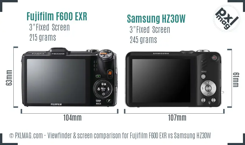 Fujifilm F600 EXR vs Samsung HZ30W Screen and Viewfinder comparison