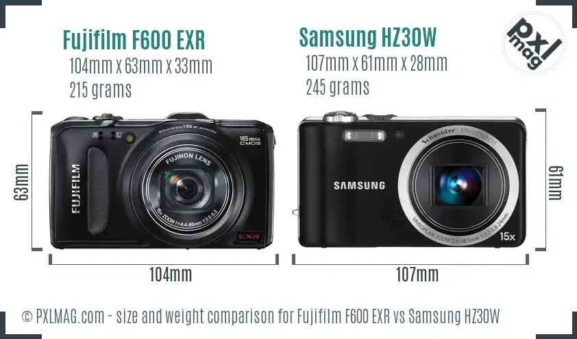 Fujifilm F600 EXR vs Samsung HZ30W size comparison