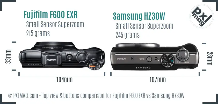 Fujifilm F600 EXR vs Samsung HZ30W top view buttons comparison