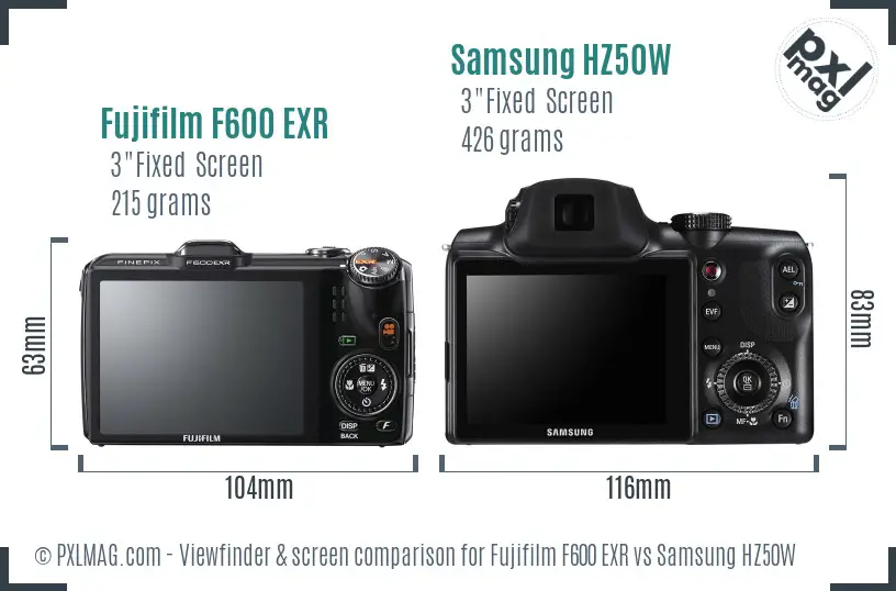 Fujifilm F600 EXR vs Samsung HZ50W Screen and Viewfinder comparison