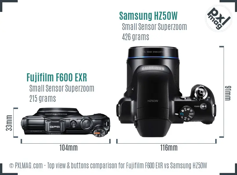 Fujifilm F600 EXR vs Samsung HZ50W top view buttons comparison